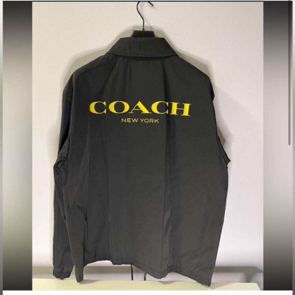 Coach Men's Dark Gray Jacket with Yellow Logo